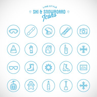 Çizgi stili vektör Ski Resort tatil Icon Set
