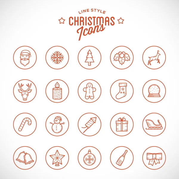 Lijn stijl Kerstmis en Nieuwjaar pictogram Set met boom, sneeuwvlok, Santa, herten, Gift, Snowman, ster, vuurwerk, sok — Stockvector