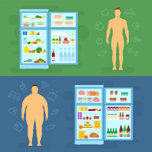 Tarjeta plana del vector del estilo de vida sano o elementos infográficos con el refrigerador — Vector de stock