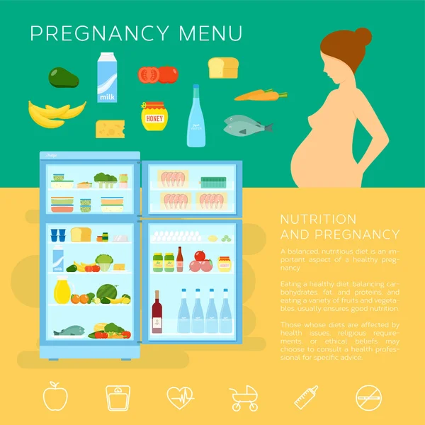 Schwangerschaftsmenü Essen flachen Stil Vektor infografische Elemente oder Symbole — Stockvektor