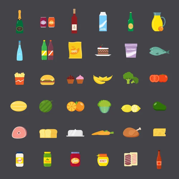 Set de iconos de alimentos y bebidas de estilo plano — Vector de stock