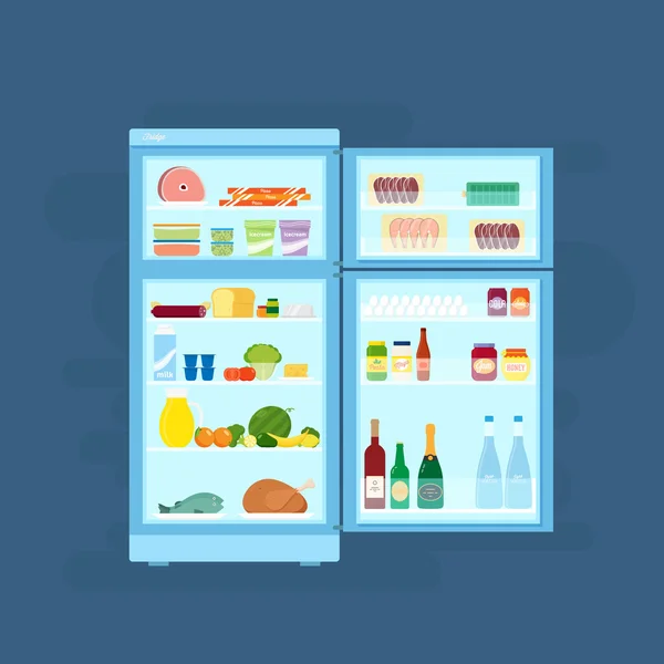 Élelmiszer-ikonok lapos rajzos illusztráció hűtőszekrény — Stock Vector