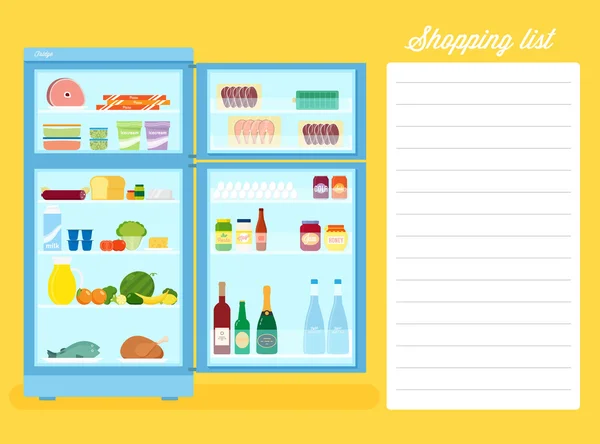 ショッピング リスト フラット スタイル冷蔵庫図 — ストックベクタ