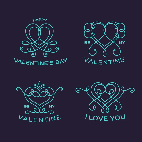 Étiquettes ou insignes de coeur vectoriels floraux gracieux de style de ligne de Valentin — Image vectorielle