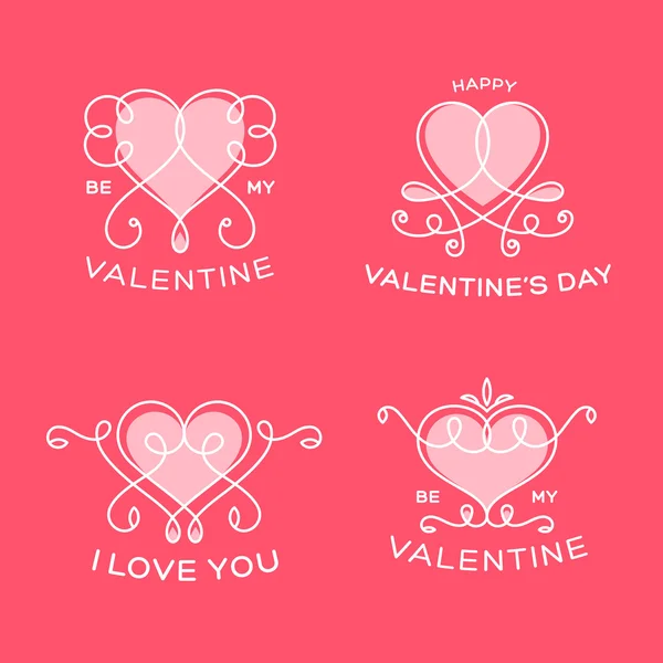 Graceful Floral Valentine Line Style Vector Hearts — Stock Vector