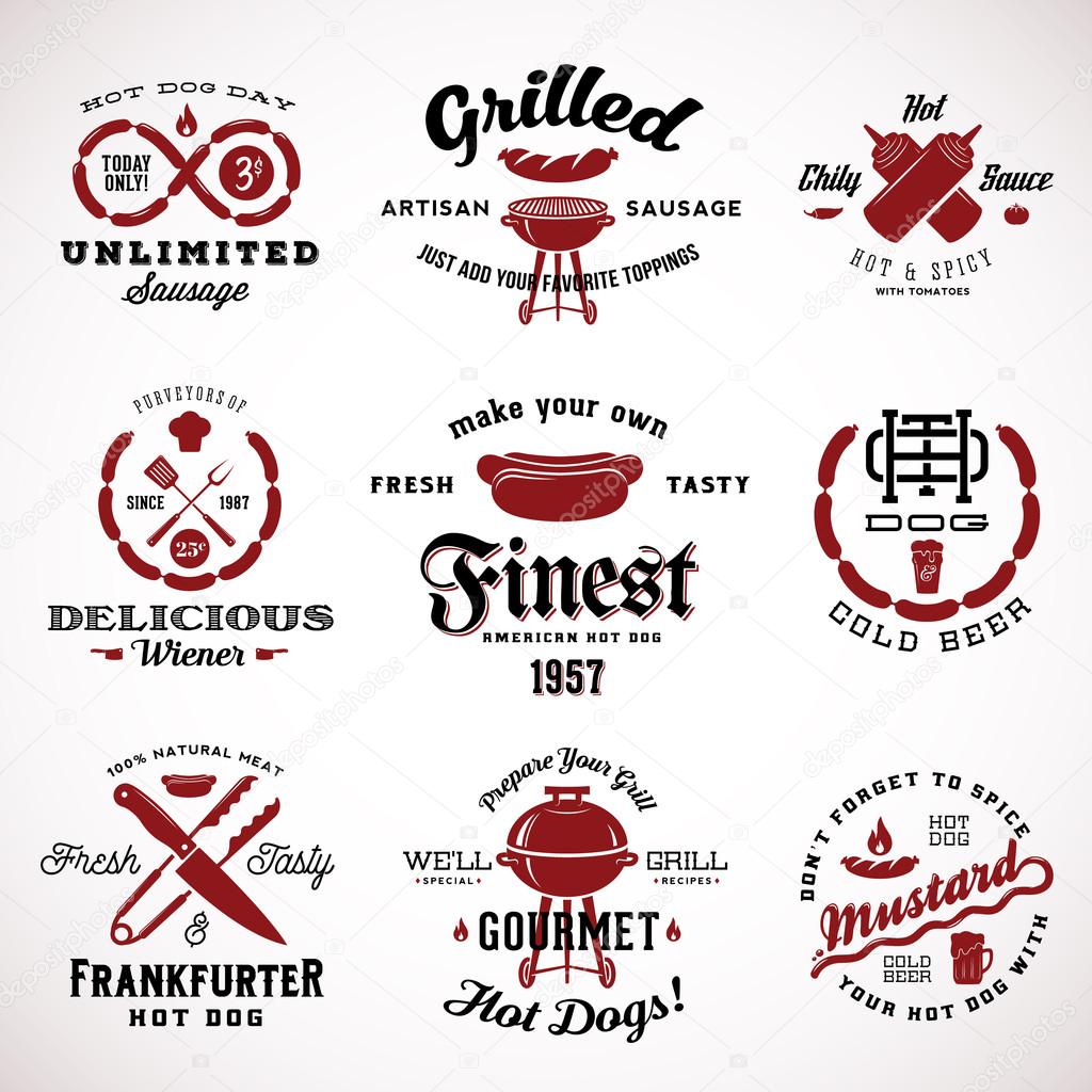Set of Vintage Sausage Labels or Signs With Retro Typography, Hot Dog, Fork, Knife, Sauce, Meat, Mustard and Beer