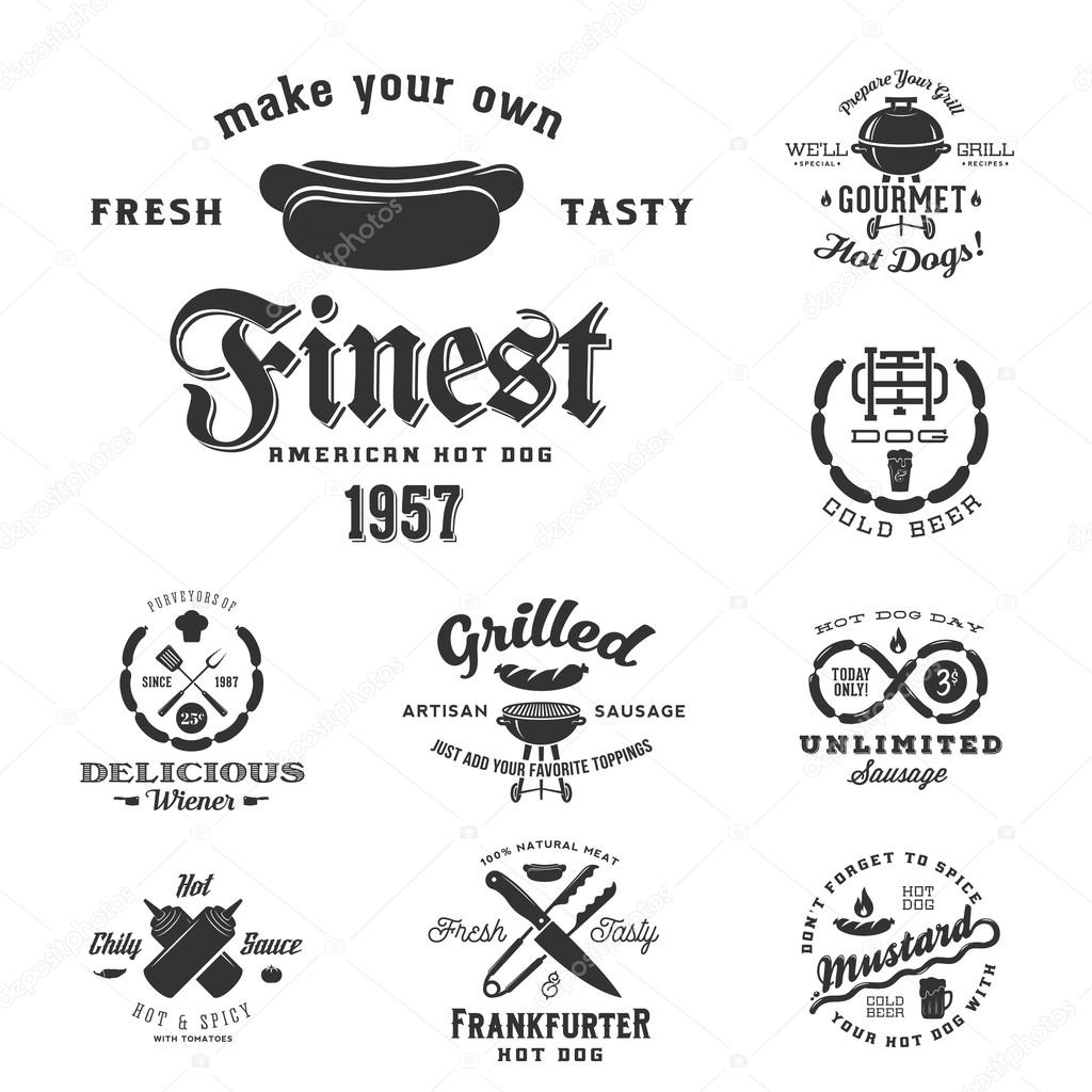 Hot Dog Vintage Typography Labels and Design Elements Sausages, Grill, Knife, Fork, Fire, Beer