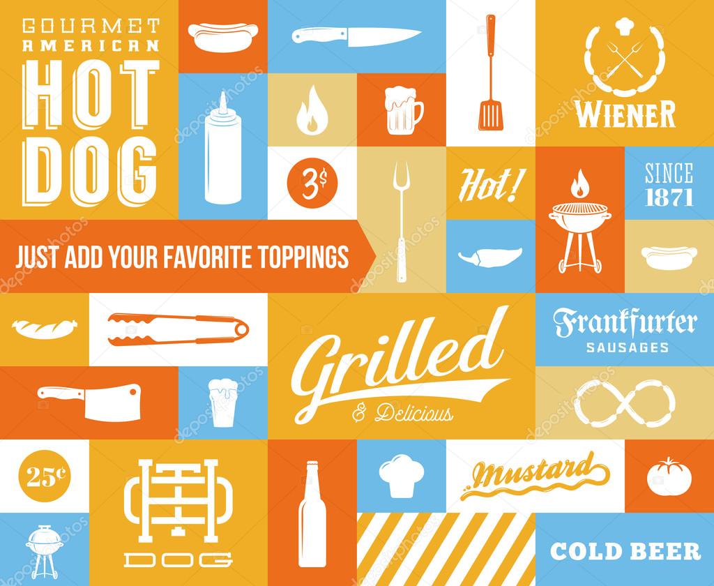 Hot Dog Vector Icon and Typography Set. Vintage, Retro Signs or Labels with Sausages, Knife, Beer, Grill, etc