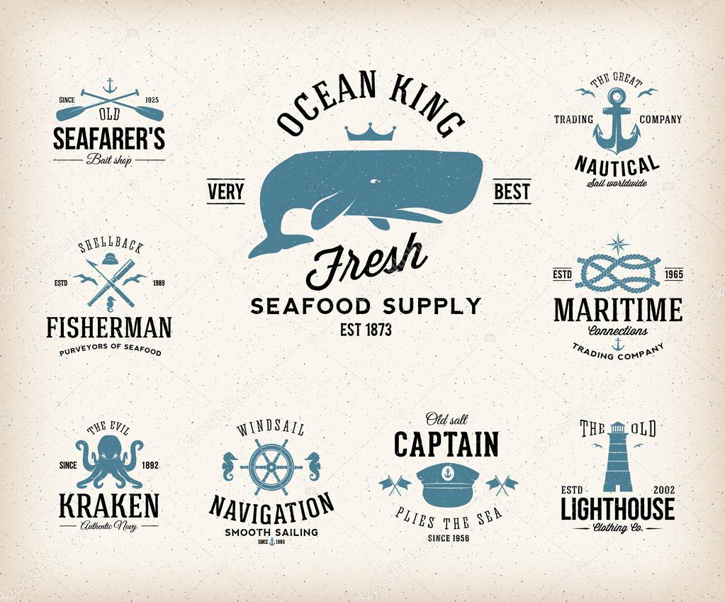 Vintage Nautical Labels or Design Elements With Retro Textures and Typography Anchors Steering Wheel Knots Seagulls Wale