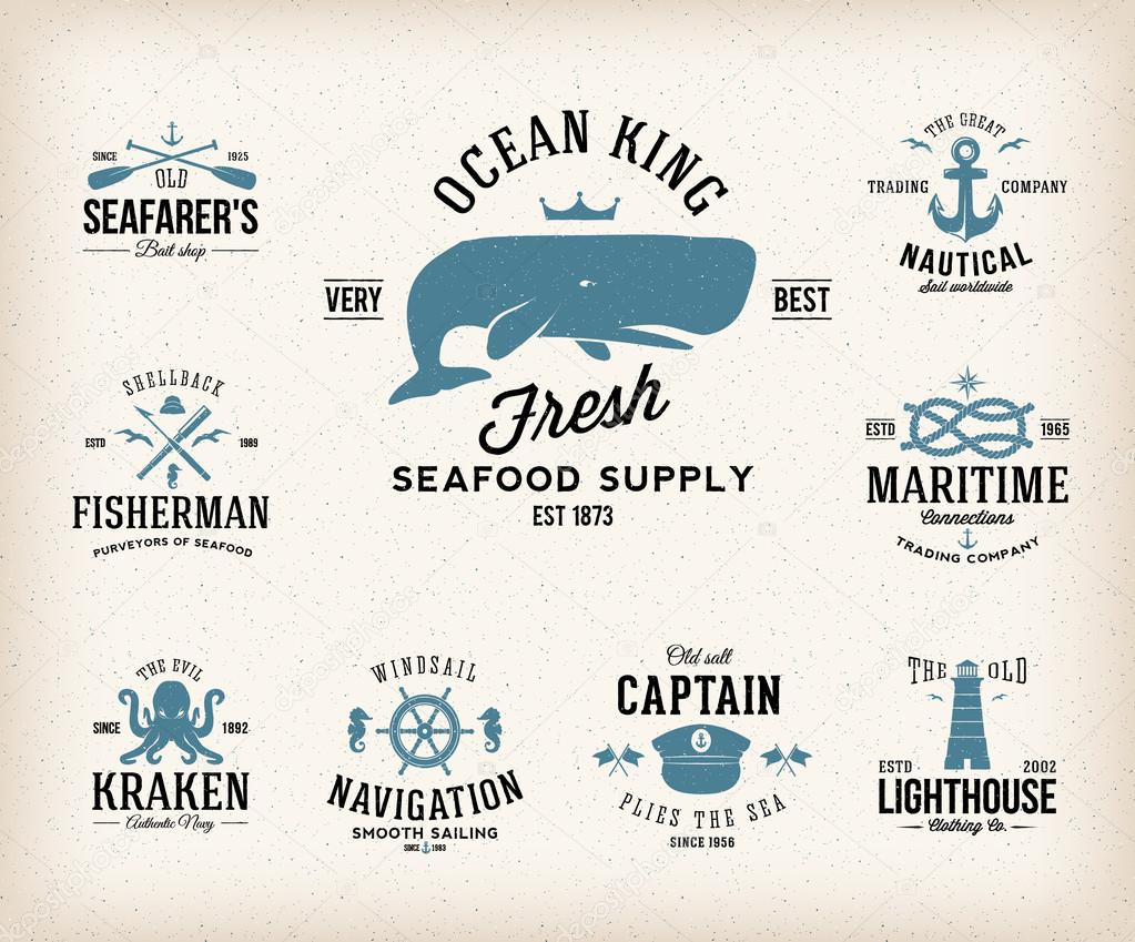 Vintage Nautical Labels or Design Elements With Retro Textures and Typography. Anchors, Steering Wheel, Knots, Seagulls, Wale, etc. Fits Perfect for a T-shirt Design. Isolated Vector Illustration