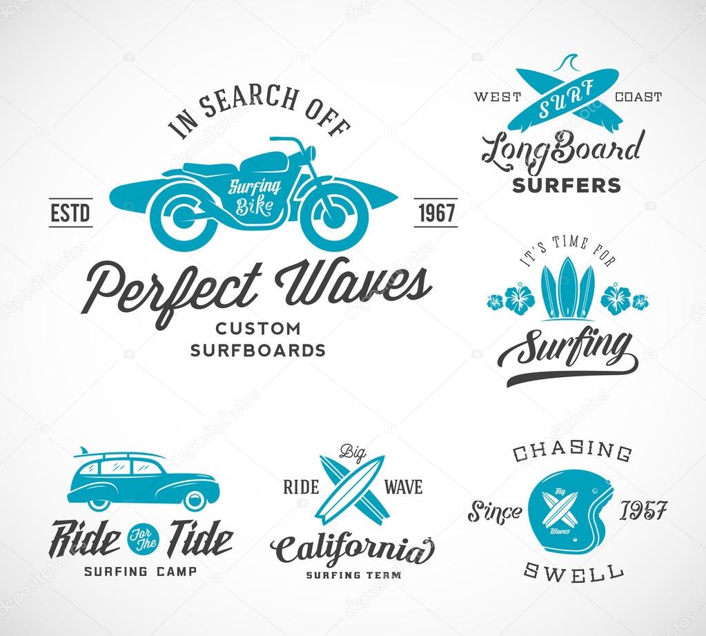 Vector Retro Style Surfing Labels, Logos or T-shirt Graphic Design Featuring Surfboards, Surf Woodie Car, Motorcycle Silhouette, Helmet and Flowers. Good for Posters etc