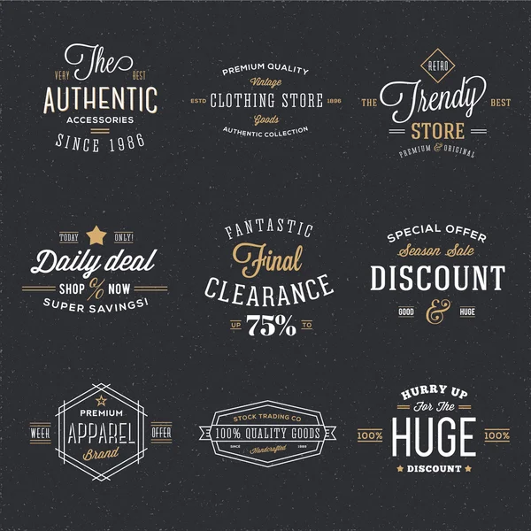 Retro typografie Vector korting en verkoop etiketten of Logo Templates met Vintage achtergrond — Stockvector