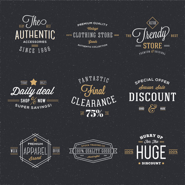 Retro Typography Vector Discount and Sale Labels or Logo Templates with Vintage Background