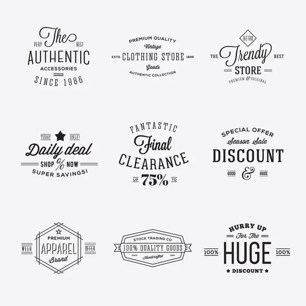 Retro typografie Vector korting en verkoop etiketten of Logo Templates geïsoleerd — Stockvector