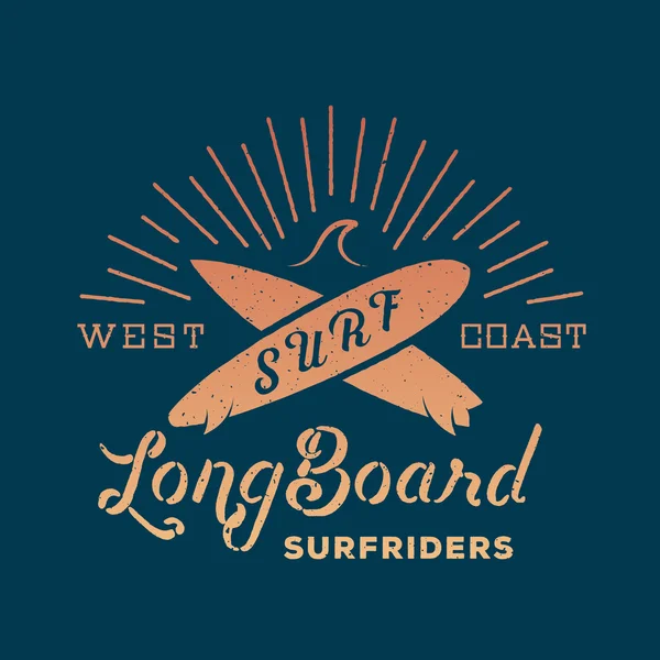 Uzun tahta Surf biniciler Retro vektör etiket veya Logo şablonu soyut