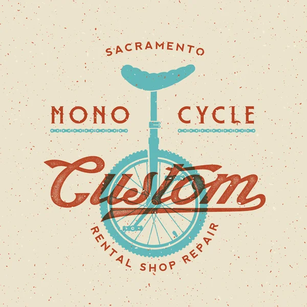 Modèle d'étiquette ou de logo vectoriel rétro mono-cycle personnalisé de magasin de location et de réparation — Image vectorielle