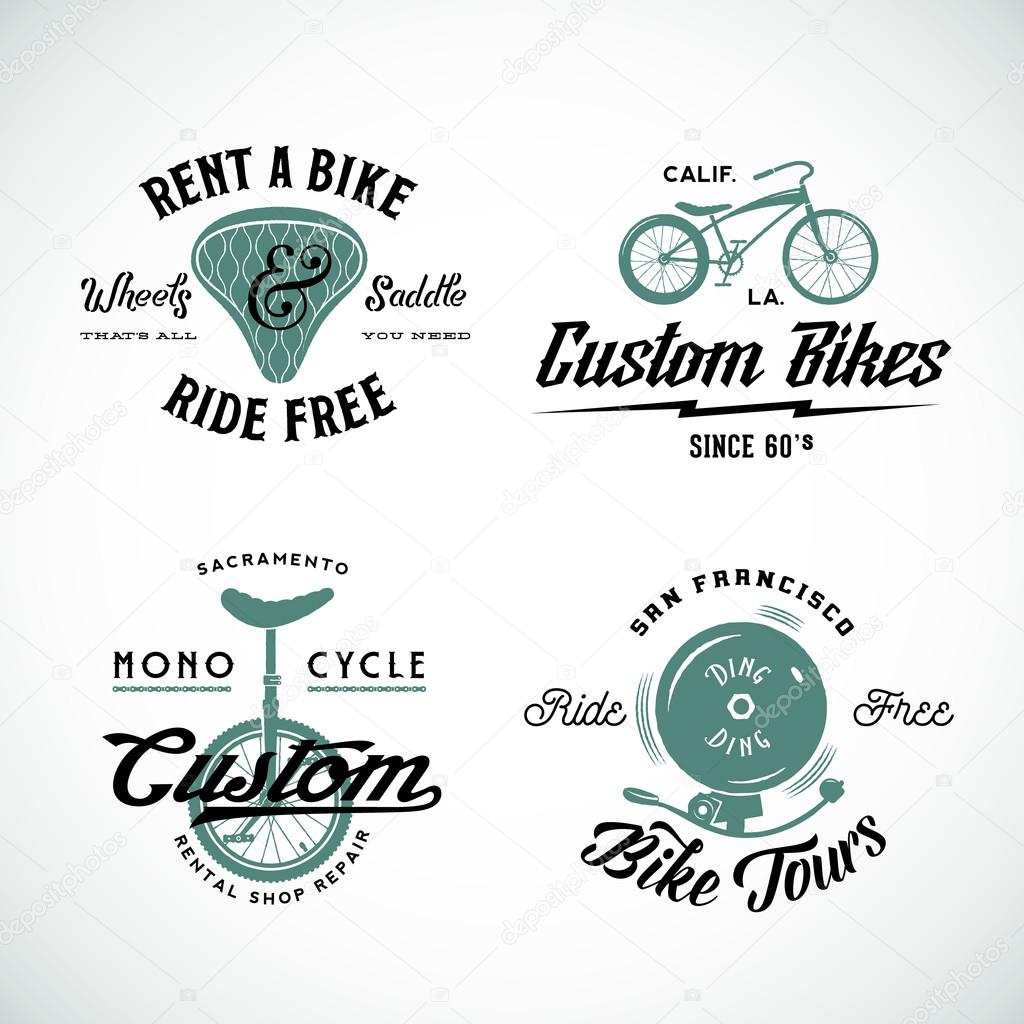 Set of Vector Retro Bicycle Custom and Rental Labels or Logo Templates Isolated