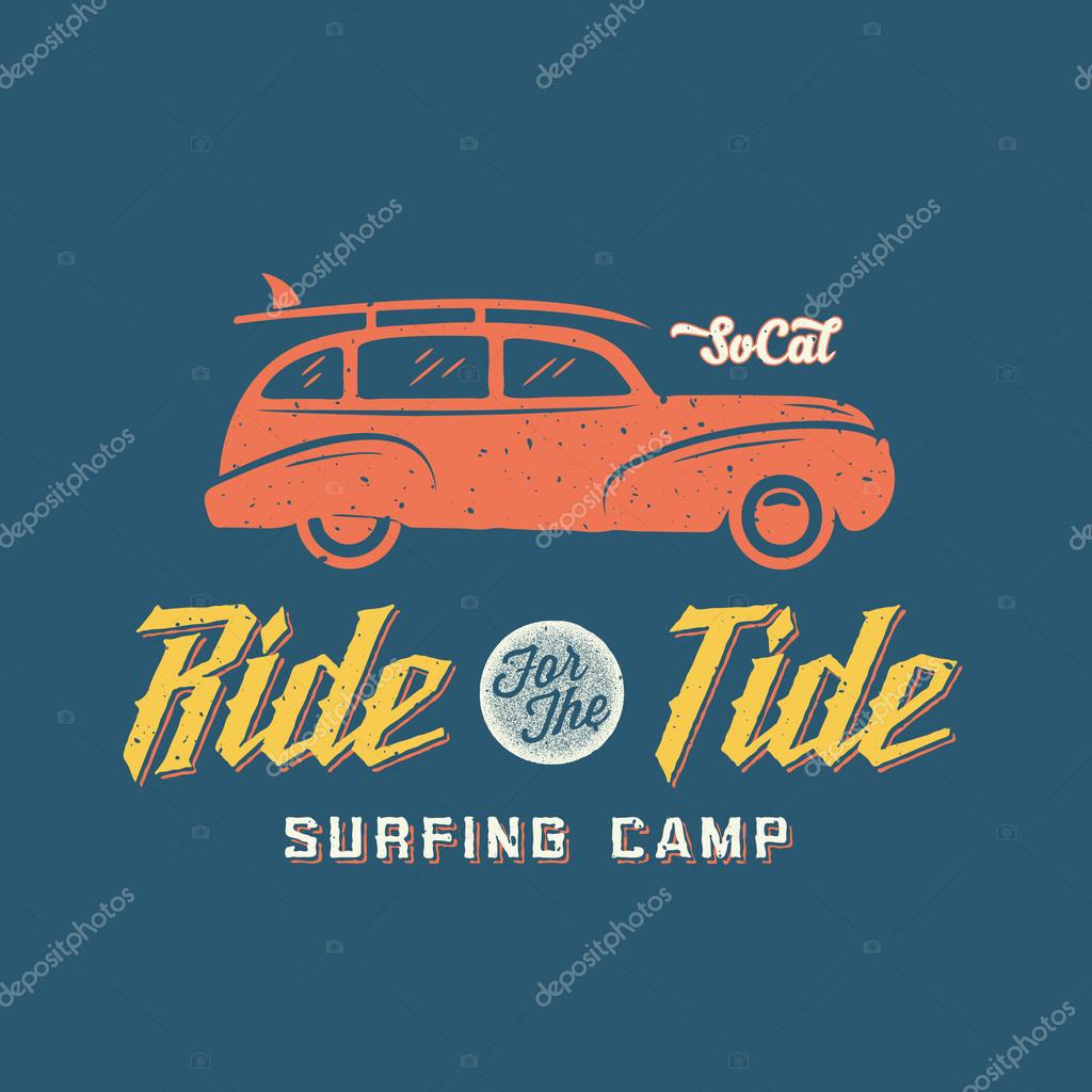 Surfing Woodie Car Retro Style Label or Logo Template with Shabby Textures. Good for Posters, T-shirt Prints etc
