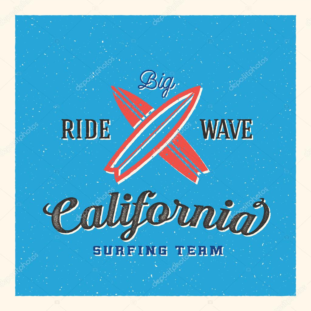 California Surfing Team Abstract Vector Label or Logo Template with Retro Textures. Good for Posters, T-shirt Prints etc