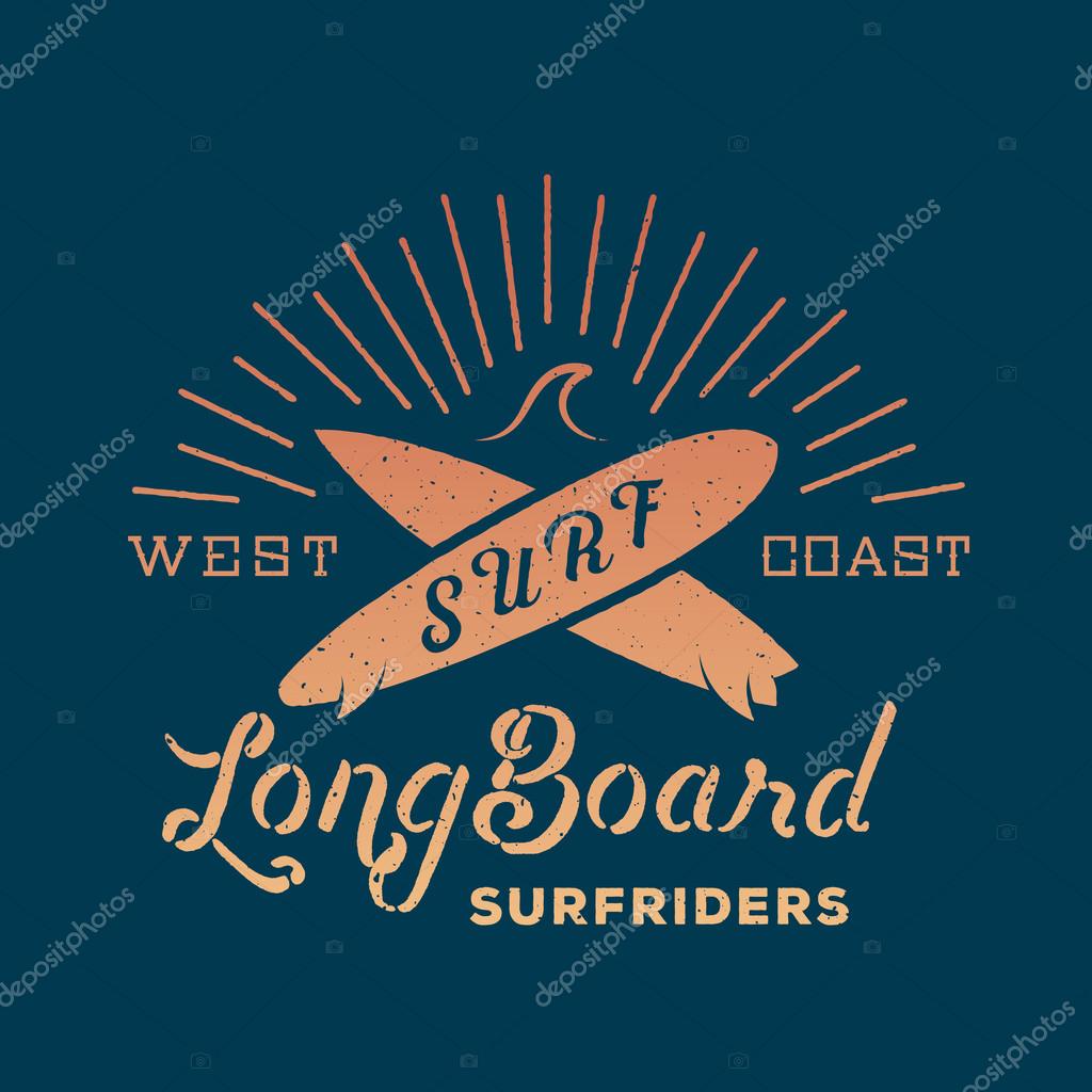 Long Board Surf Riders Abstract Retro Vector Label or Logo Template with Shabby Texture. Good for Posters, T-shirt Prints etc