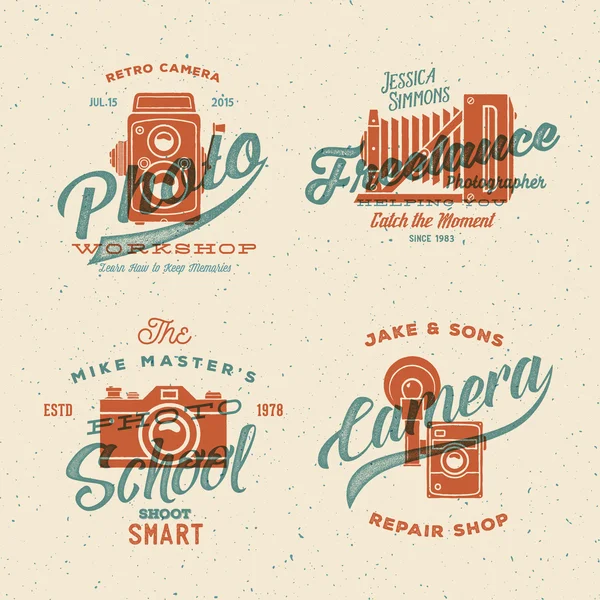 Camera Photography Vector Labels or Logos with Vintage Typography and Retro Print Effect. — Stock Vector