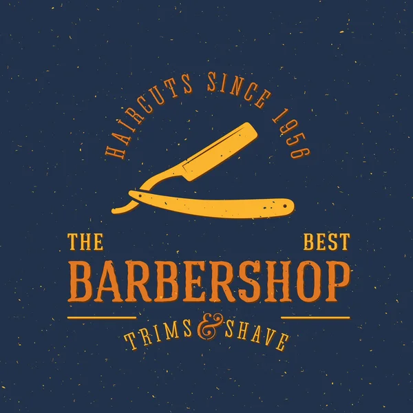 Barbershop Vector Vintage Label ou modelo de logotipo com tipografia retrô e Grunge Shabby Texturas — Vetor de Stock