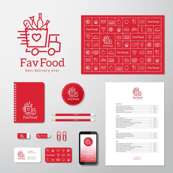 Livraison de nourriture préférée Concept vectoriel abstrait Icône ou modèle de logo avec image de marque et stationnaire — Image vectorielle