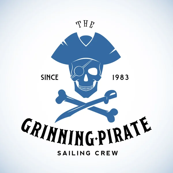 Die grinsende Piratensegelmannschaft abstrakte Vektor-Retro-Logo-Vorlage oder Vintage-Etikett mit Typografie — Stockvektor
