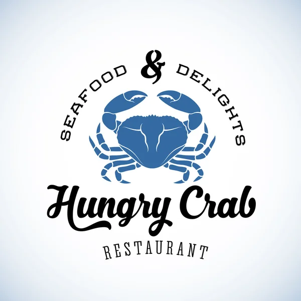 Hungrige Krabben Restaurant abstrakte Vektor Retro-Logo-Vorlage oder Vintage-Etikett mit Typografie — Stockvektor