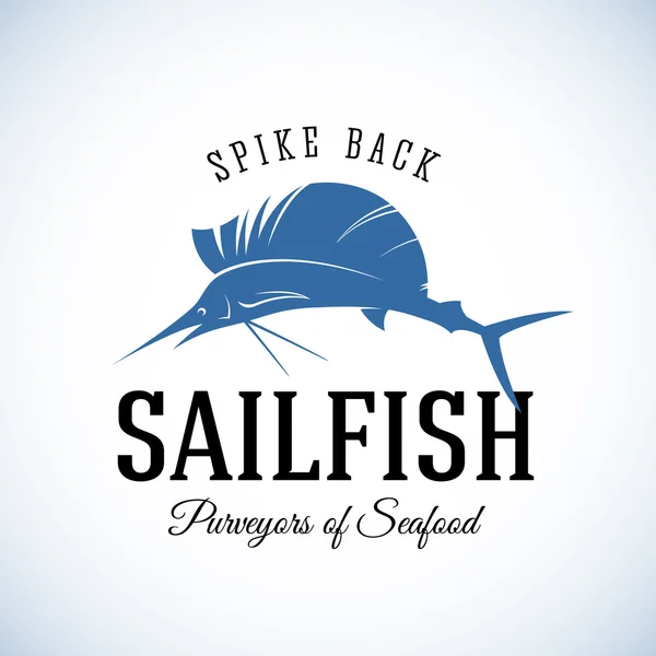 Spike tillbaka Sailfish skaldjur leverantörerna abstrakt vektor Retro Logo mall eller Vintage etikett med typografi — Stock vektor