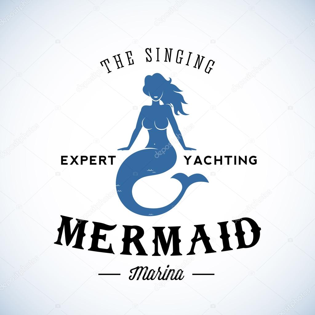 The Singing Mermaid Marina Abstract Vector Retro Logo Template or Vintage Label with Typography