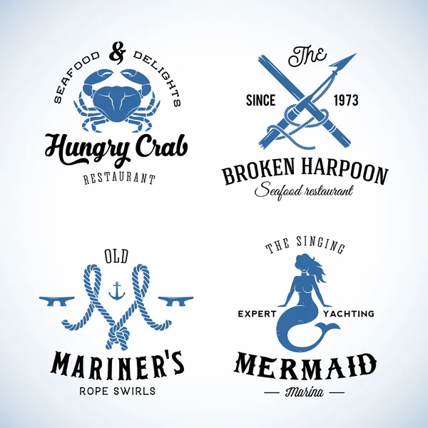 Set Vintage nautische zee etiketten met Retro typografie. Goed voor Seafood Restaurant of Cafe, Marina, varen bemanning, enz. — Stockvector