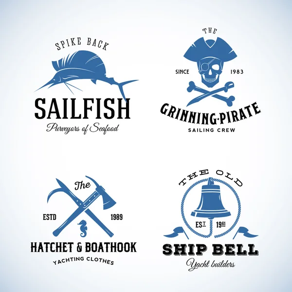 Vintage Nautical Sea Vector Logos ou Etiquetas com Tipografia Retro. Bom para marisco Restaurante, Café, Yachting, Sail Crew, etc . — Vetor de Stock