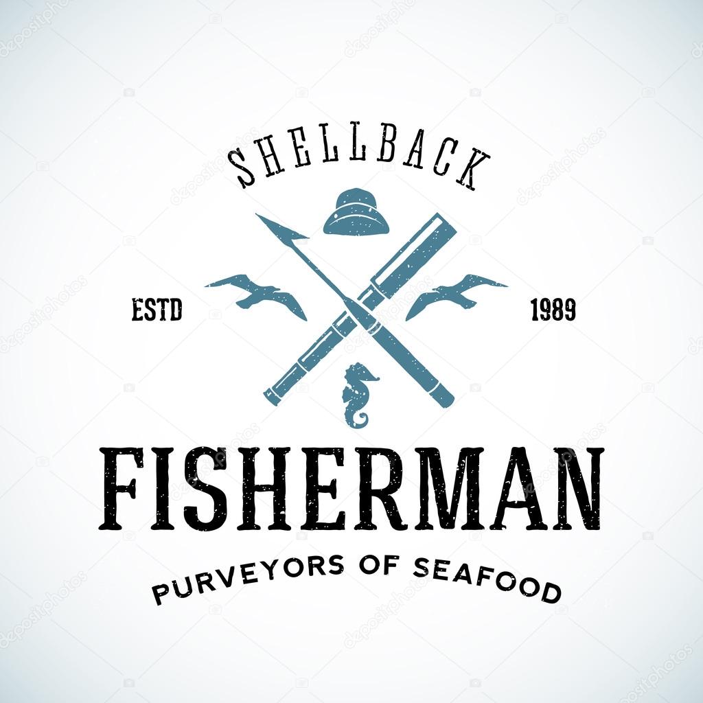Vintage Shell Back Fisherman Vector Logo Template with Shabby Texture. Good for Seafood Purveyors and Other Business. Isolated
