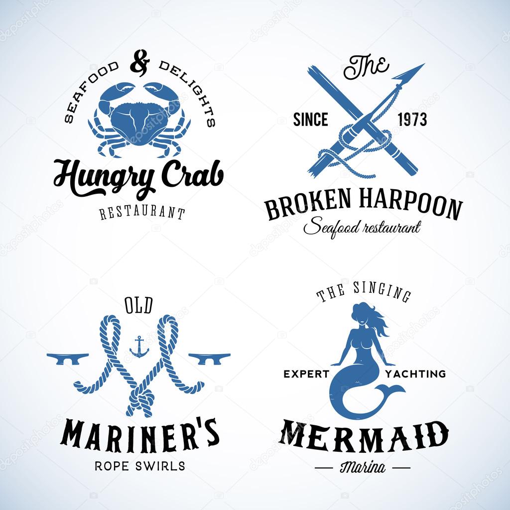 Set of Vintage Nautical Sea Labels with Retro Typography. Good for Seafood Restaurant or Cafe, Marina, Sail Crew, etc. Isolated