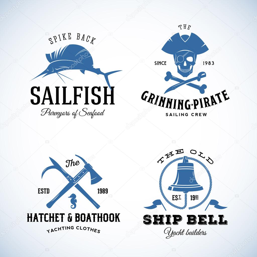 Vintage Nautical Sea Vector Logos or Labels with Retro Typography. Good for Seafood Restaurant, Cafe, Yachting, Sail Crew, etc. Isolated