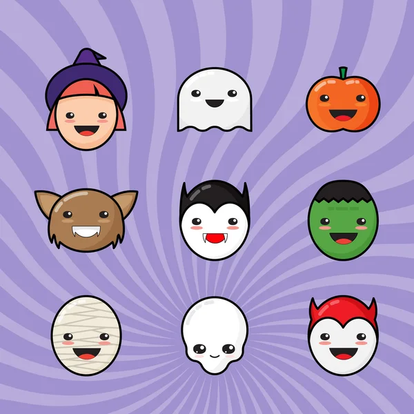 Conjunto de ícones de Halloween bonito Kawaii. Caras de monstro engraçado em fundo colorido —  Vetores de Stock