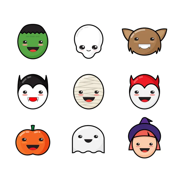 Cute Kawaii Halloween Icons Set. Funny Monster Faces. — Stock Vector