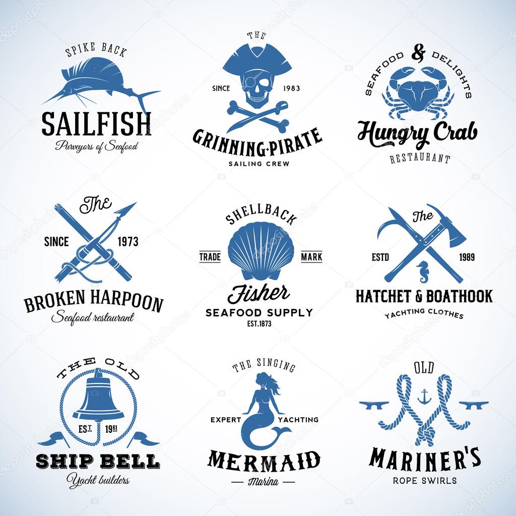 Set of Vector Vintage Nautical and Marine Labels, Signs or Logo Templates Which Can be Divided into Separate Design Elements. Also Great for Posters, Flayers, Restaurant Menu, etc. With Retro