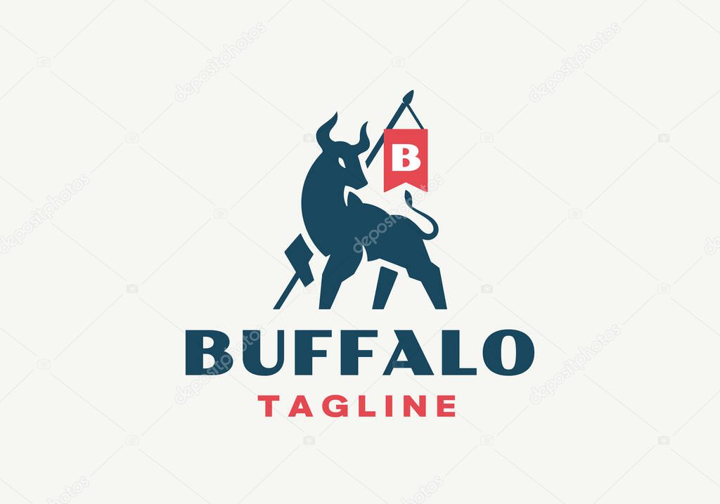 Bull with Flag Spear Vector Logo Template. Buffalo Icon Silhouette Ox with Banner Creative Bison Animal Emblem. Beef Meat and Steak Concept Logotype Label with Modern Typography. Isolated