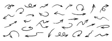 Pastel Ok Karalama Vektörü Simgesi Ayarlandı. Chalk Scribble Pointer Şekil Koleksiyonu. Sert El Çekimi Fırça Doku Kırsal Girdap İzi. Kalem Vurgulama Elementleri Kömür Kıvrımlı Boya Sembolleri Paketi