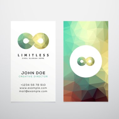Abstract Vector Limitless Infinity Symbol, Icon or a Logo with Business Card Template Mock-up. Stilysh Low Poly Background and Realistic Soft Shadows. Isolated