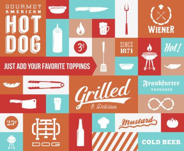 Hot Dog Vector Icon and Typography Set. Vintage Retro Signs or Labels with Design Elements.