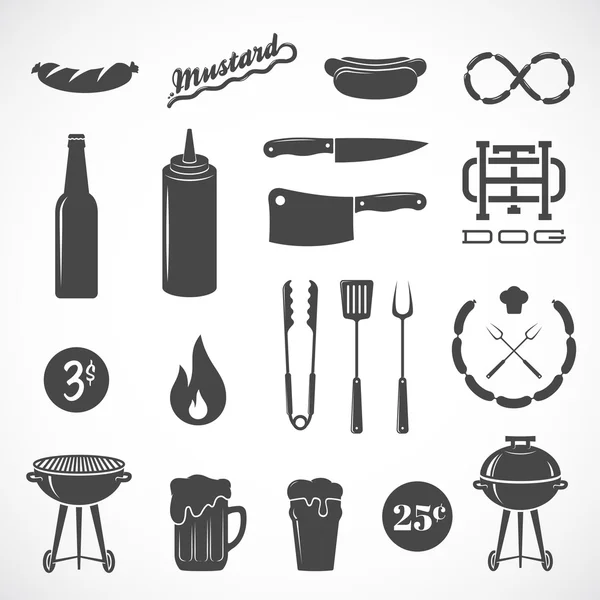 Wurstvektor flache Symbole und Designelemente wie Grill, Messer, Feuer, Bier, etc. isoliert — Stockvektor