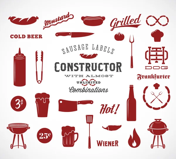 Salchichas Vector Iconos planos y elementos de diseño tipográfico como parrilla, cuchillo, fuego, cerveza, etc. Un constructor para sus etiquetas, logotipos, carteles, flayers, banners, etc. Aislado — Archivo Imágenes Vectoriales