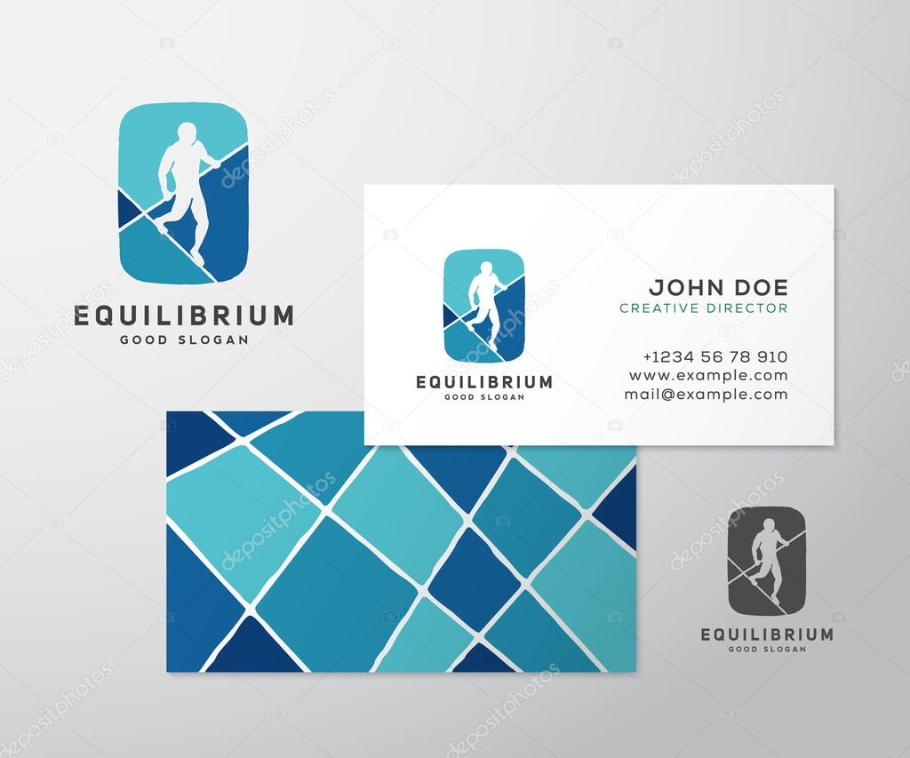 Equilibrist or a Tightrope Walker Abstract Vector Sign, Logo Template, Label with Business Card Layout. Created Using Negative Space. Six Color Variations. Isolated