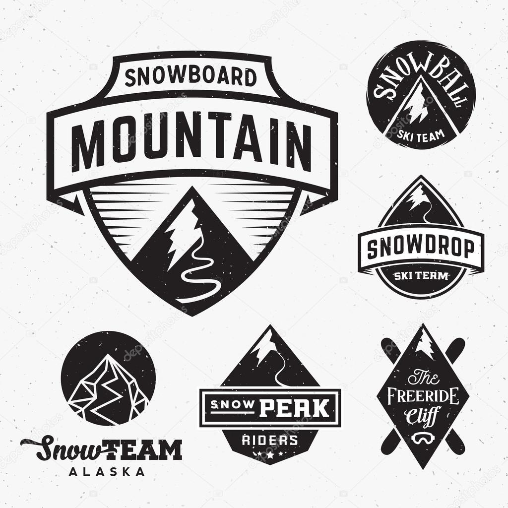 Set of Ski Snowboard Snow Mountains Sport Logos or Vintage Labels, with Shabby Texture. Isolated
