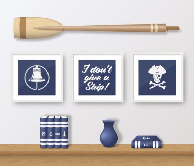 Realistic Vector Navy or Marine Picture Frames Set, Mounted on the White Wall Interior with Wooden Paddle and Book Shelf. Soft Shadows