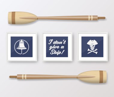 Realistic Vector Navy or Marine Picture Frames Set, Mounted on the White Wall Interior with Wooden Paddles. Soft Shadows. Isolated