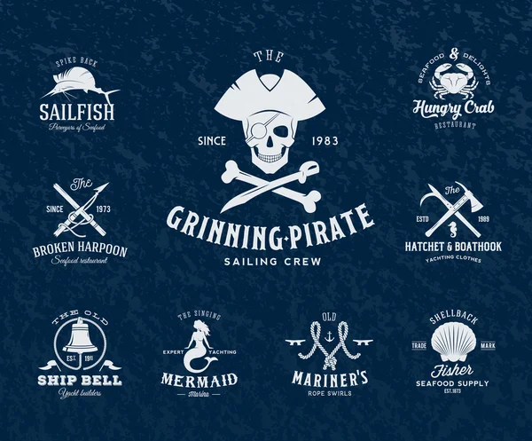 Vintage Nautical Labels or Design Elements With Retro Textures and Typography. Pirates, Harpoons, Knots, Seashells, Mermaid, Sailfish, Bells, etc. Fits Perfect for a T-shirt Design, Posters, Flayers — 图库矢量图片